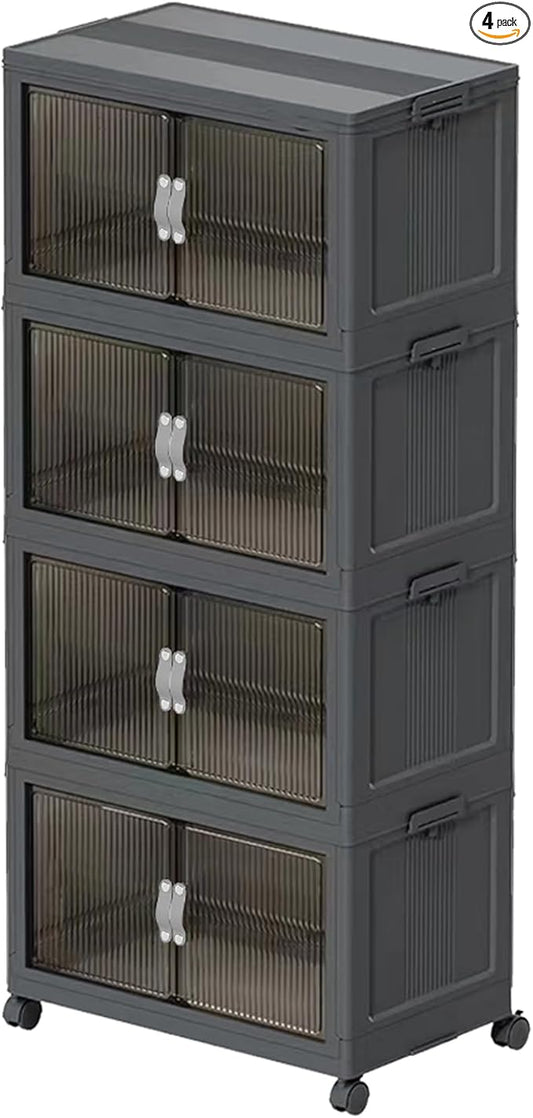81QT 4 Tier Stackable Storage Bins with Lid & Door, Heavy-Duty Plastic Organizer Containers for Home, Bathroom, Kitchen Organization - Clear & Collapsible Design Gray 4T