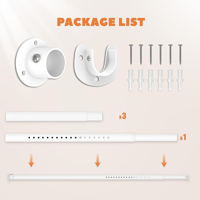 Closet Rod 30-63 Inches, Adjustable Heavy Duty Metal White Closet Rods for Hanging Clothes 1.3 Inches Diameter for Wardrobes Laundry