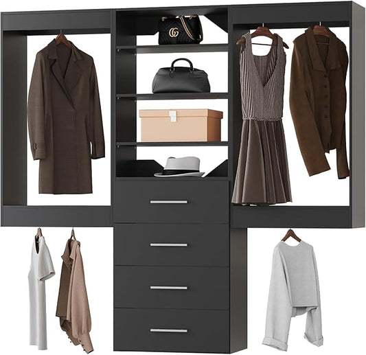 ROOMTEC Modular Closet System, 102" Wall-Mounted Closet Organizer with Drawers and Hanging Rods, Wooden Tower for Walk-In Closets, Wardrobe Storage Kit, Black
