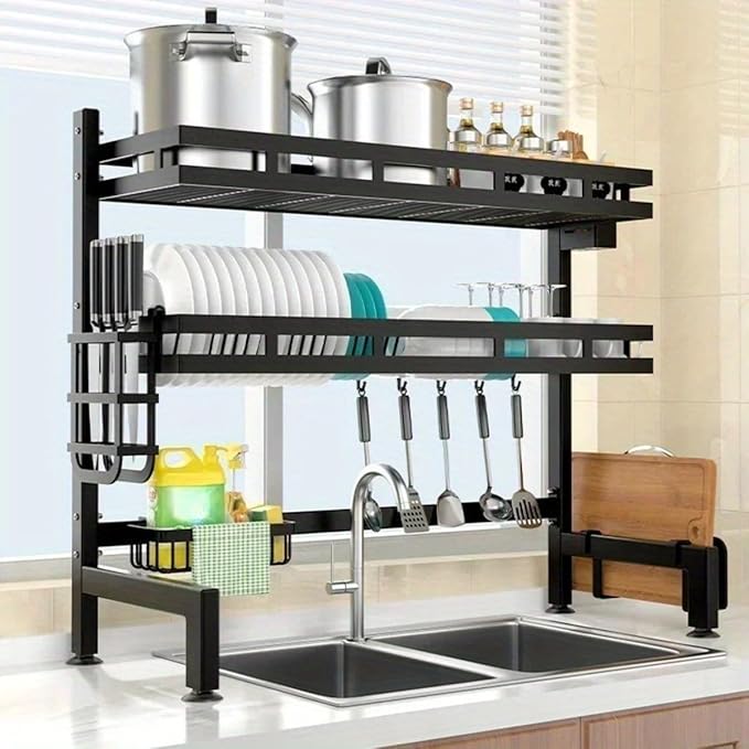 3-Tier Over Sink Dish Draining Rack Adjustable Width and Height with Phone Holder Cup Holder, Knife and Chopstick Holder, Cutting Board Rack, Space-Saving Rack