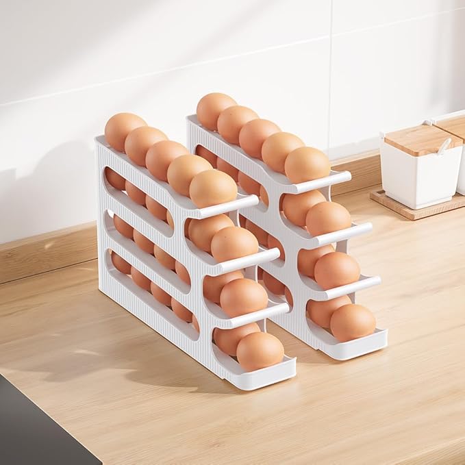Egg Holder for Fridge, 4 Tiers Auto Rolling Egg Storage Organizer for Refrigerator, Slim Space Saving Container, Dispenser, Egg Roller for Eggs 48 Count