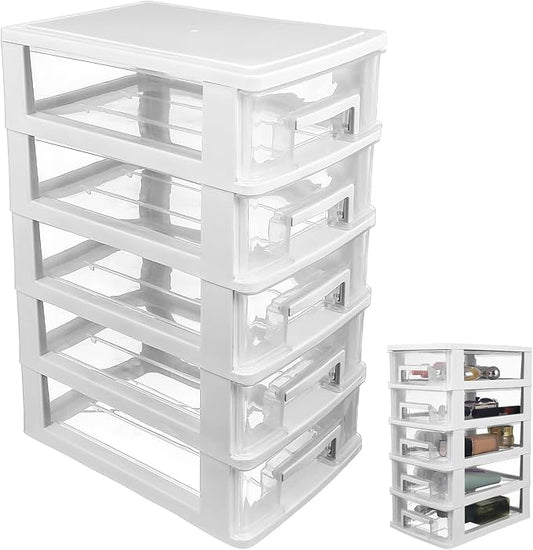 Cabilock 5-Drawer Plastic Storage Cabinet Clear Desktop Organizer Portable Office Storage Case for Craft Supplies and Stationery