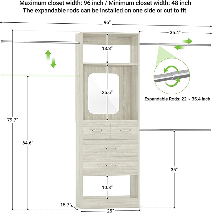Unikito 8FT Closet System, Customizable 96” Closet Storage Organizer with 25” Tower and 3 Extendable Hanging Rods (Can Be Cut to Fit), Heavy Duty Clothing Racks with 4 Drawers and Shelves, White Oak