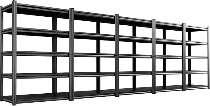 Set of 5 Garage Shelving Heavy Duty Storage Shelves, Metal Adjustable Shelving Unit, Utility Garage Organizer Shelf for Basement, Pantry, Kitchen, Warehouse,15.7" D x 35.4" W x 71.2" H, Black