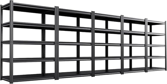 Set of 5 Garage Shelving Heavy Duty Storage Shelves, Metal Adjustable Shelving Unit, Utility Garage Organizer Shelf for Basement, Pantry, Kitchen, Warehouse,15.7" D x 35.4" W x 71.2" H, Black