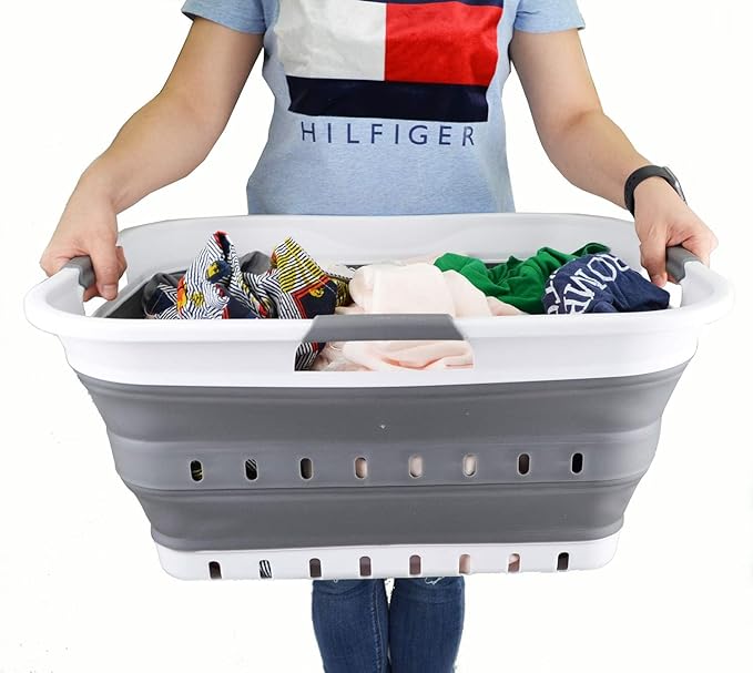 SAMMART 42L (11 gallon) Collapsible Plastic Laundry Basket - Foldable Pop Up Storage Container/Organizer - Portable Basket - Space Saving Hamper/Basket (2, White/Dark Grey)