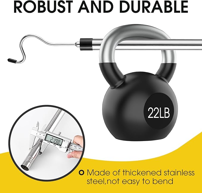 Clothes Hook Pole, Extendable from 35" to 50" Stainless Steel Closet Pole Reacher with S-Shaped Hook for Hanging Clothes, Plants, Lights