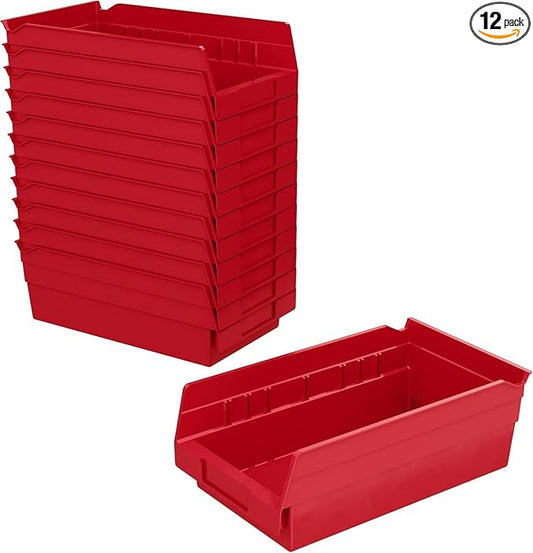 Akro-Mils 30130 Plastic Shelf Bins, Heavy Duty Storage Bins for Garage, Closet, and Drawer Organization, 12" x 6-1/2" x 4", Red, 12-Pack