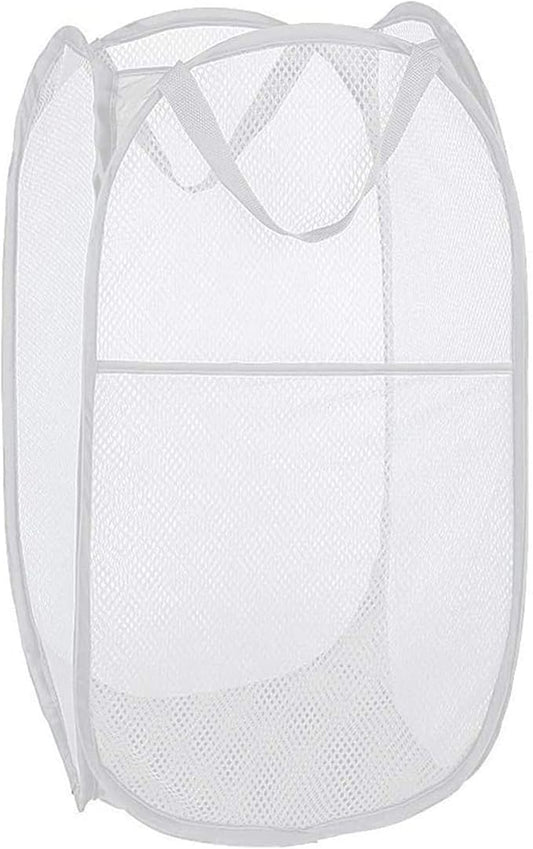 Larpur Popup Laundry Basket, Mesh Clothes Hamper Portable Laundry Hamper with Reinforced Carry Handles, Collapsible for Storage (White)