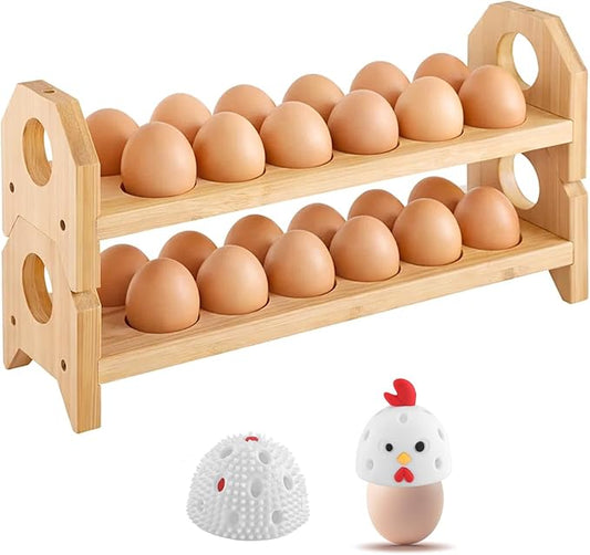 Bamboo Egg Holder Countertop with Silicone Egg Cleaner, 2-Tier Egg Holder for 24 Eggs, Stackable Design for Fresh Eggs, Farmhouse Egg Tray Storage Display Rack，Fits Quail, Duck, Chicken Eggs