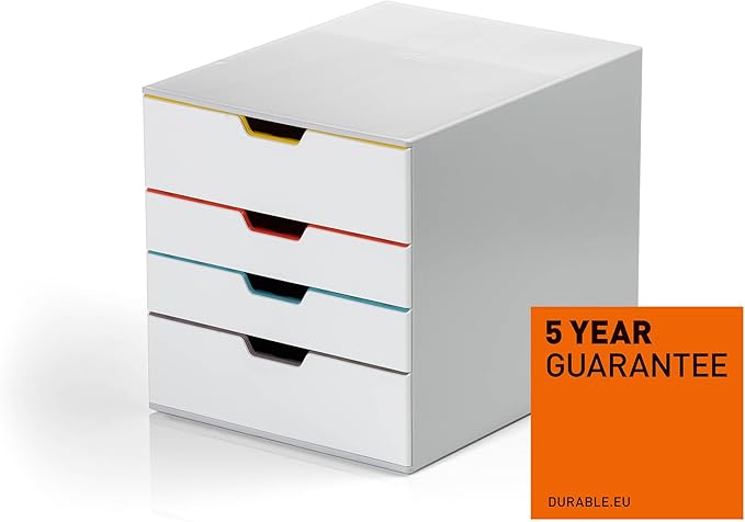 Durable VARICOLOR 4 Drawer Unit - White Desktop Drawer Set with 4 Color Coded Draws - Letter Size Files - Perfect for Storing Documents and Paper Work