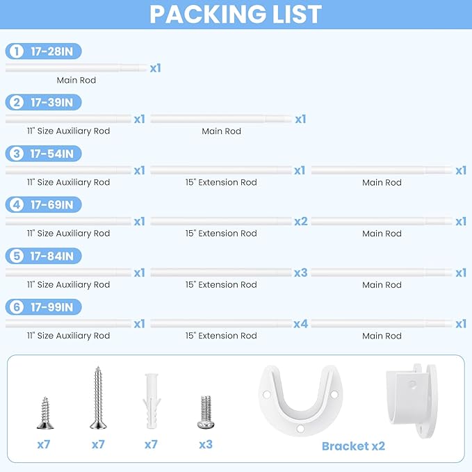 Closet Rods for Hanging Clothes, 17 to 99 Inch Heavy Duty Stepless Adjustable Closet Hanging Rod, 1.3 Inch Diameter Metal Closet Rod for Wardrobes Laundry Bedroom RV, White