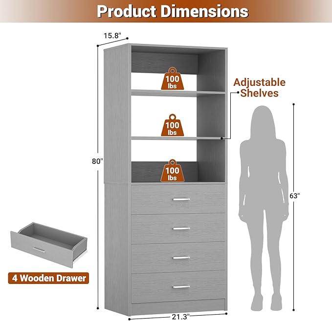 Aheaplus Closet Drawers Organizer System, 21.3" Wood Closet System with 4 Drawers, Modular Walk-in Closets Storage Unit, Tall Bookshelf Storage Cabinet, Grey