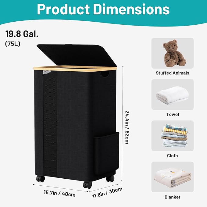 BlissTotes Laundry Basket Laundry Hamper with Lid, Collapsible Slim Laundry Hampers, Laundry Bin, Clothes Hamper Basket with Internal Support & Wheels & Handles for Bathroom, Bedroom (75L, Black)