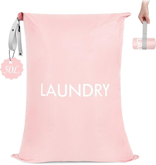 MissBoy 50L Travel Laundry Bag with Zipper, Heavy Duty & Odor-Proof Washable Nylon Sack for Dirty Clothes, Space-Saving Luggage Organizer & Dorm Room Essential for College Girls, Pink