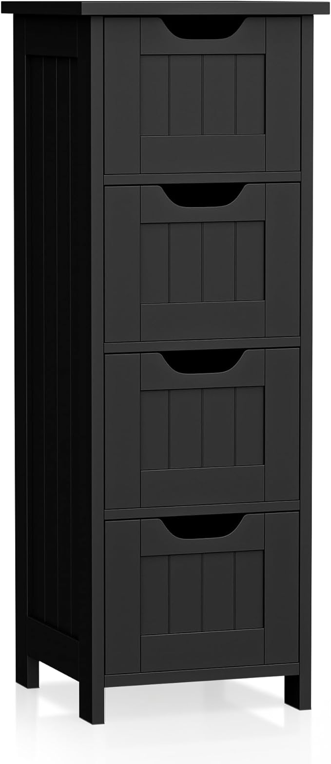 SUPER DEAL Small Bathroom Storage Cabinet with 4 Drawers, Freestanding Narrow Wooden Side Storage Organizer for Bathroom Hallway Living Room, Black