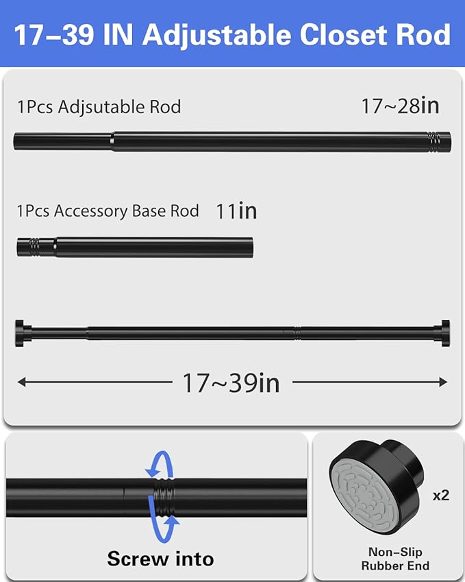 Supforce 2 Pack No Drilling Closet Rods for Hanging Clothes, Non Slip Tension Rod with Heavy Duty Clothes Hanging Rod, 17-39 Inches Adjustable Spring Closet Rod for Closet Wardrobe Bathroom RV, Black