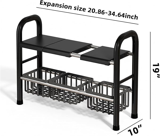 Under Sink Organizers and Storage, 2 Tier 20.9"-34.6" Expandable Length with 3 Removable Baskets and 3 Removable Panels Expandable Shelf for Cupboard,Kitchen,Bathroom, Black