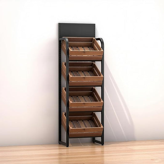 3/4 Tier Fruits & Vegetables Kitchen Shelf Rack Display,Retail Snack Stand, Large Solid Wood Floor Multi-layer Storage Frame for Commercial Supermarket(F-4 Tier)