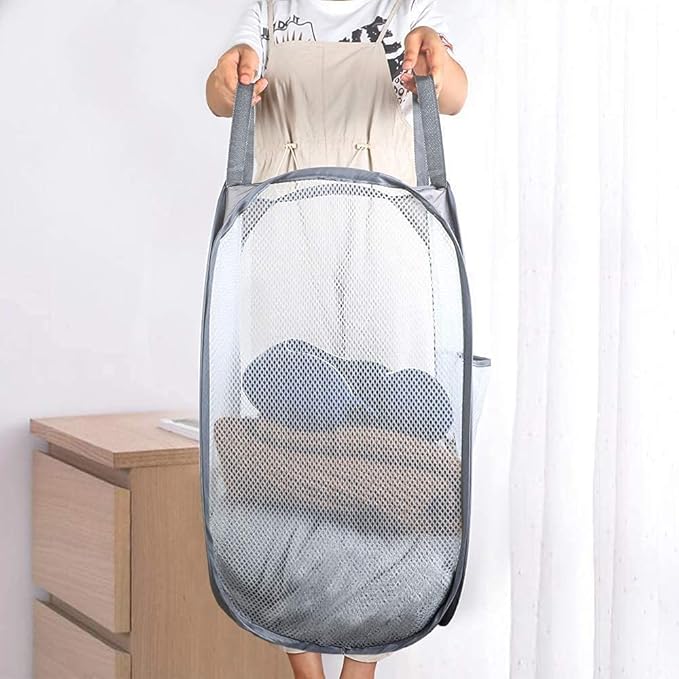 2 Pack Mesh Laundry Hampers, Pop Up Laundry Baskets, Collapsible Clothes Storage Bins for Bedroom, Dormitory, Apartment, Grey+ Navy Blue