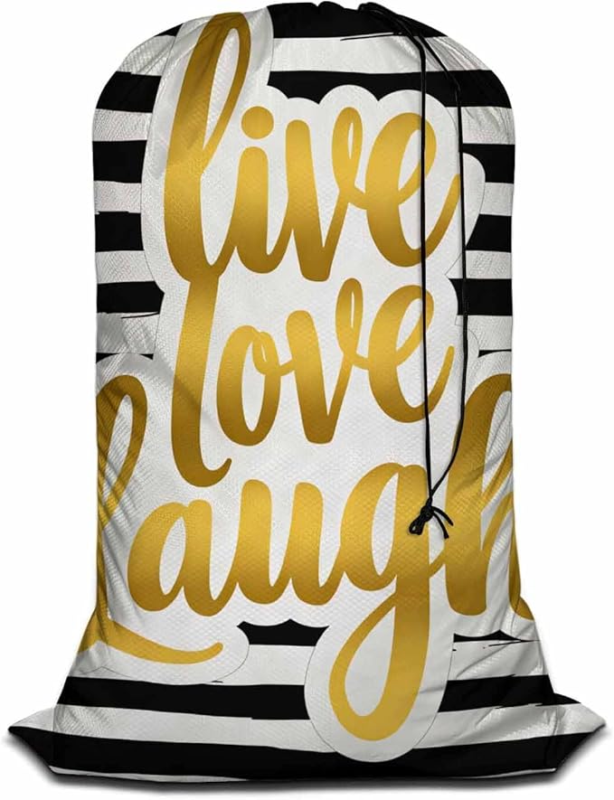 Swono Funny Quote XL Laundry Bags, Drawstring Closure Dirty Clothes Bag Organizer, Heavy Duty Large Laundry Bag, Gold Lettering Live Love Laugh Rip-Stop Bags for Camp Travel, 28" x 40"