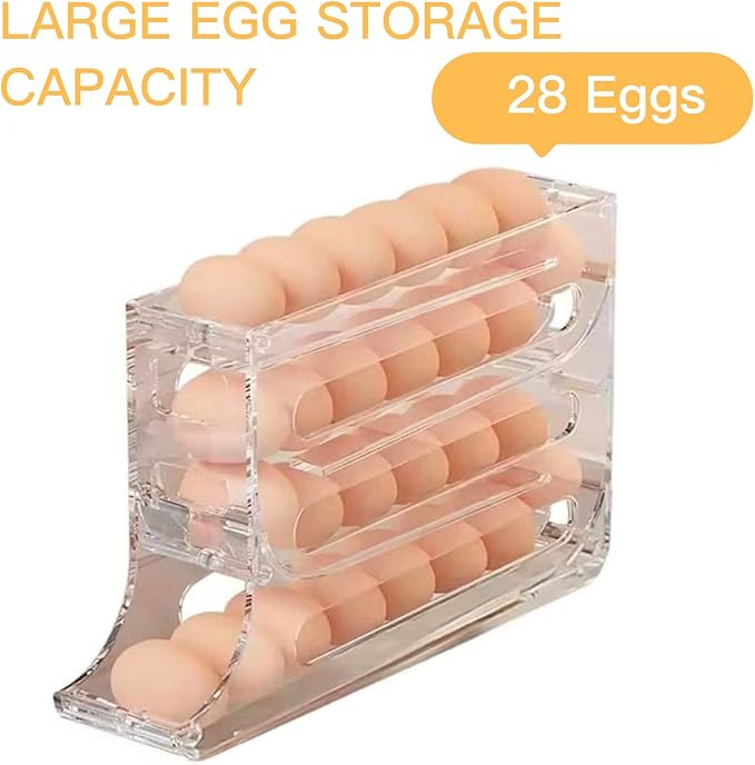 Automatic Rolling Egg Storage For Refrigerator,Fridge Organizer,Space Saving Refrigerator Egg Holder For Fridge,Egg roller holds 28 eggs,For Refrigerator,Kitchen,Cabinets,Tabl(transparent)