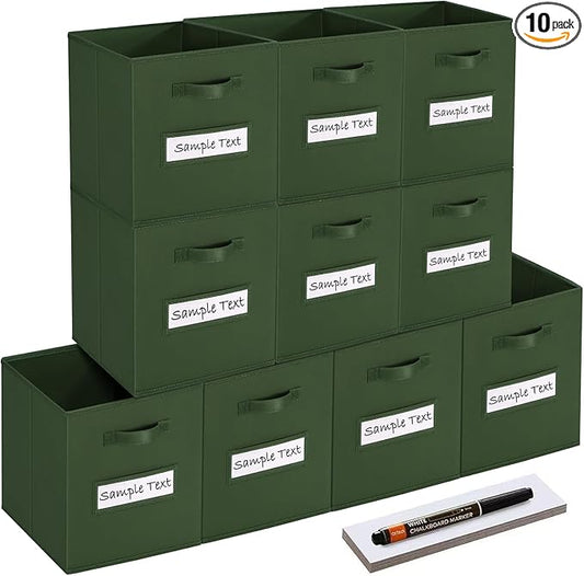 artsdi 11x11 storage cube bins (Set of 10) Foldable Fabric storage cubes with 10 Labels Window Cards & a Pen,11 inch cube storage bin,Closet Organizers for Shelves,Cubby Organizer Boxes,Dark Green