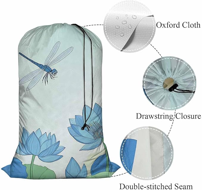 Swono Lotus Flower Laundry Bag with Strap Machine Washable Large Dirty Clothes Organizer Dragonfly Summer Floral Pond Blossom Botany Easy Fit Laundry Hamper or Basket, Carry Up to 4 Loads of Laundry