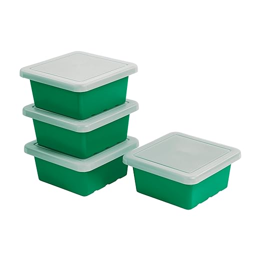 ECR4Kids Stackable Square Bins with Non-Snap Lids, Multipurpose Organization, Green, 4-Pack