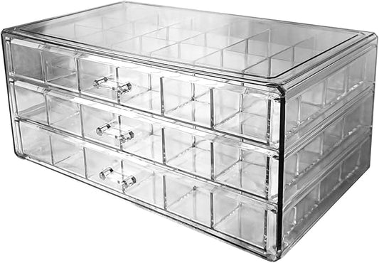 Acrylic Earrings Jewelry Organizer with 3 Drawers 72 grids, Stackable Necklace Rings Display Storage Case Box Holder, Clear Grey