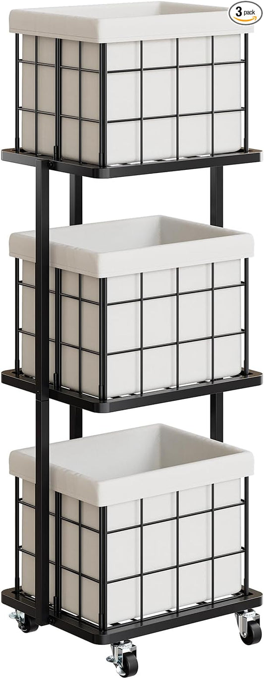 120L Vertical Rolling Laundry Hamper with Removable Bags, 3 Section Laundry Basket with Wheels, Slim Tall 3 Tier Laundry Sorter for Small Spaces, Dorm, Laundry Room, Bathroom, Closet, White