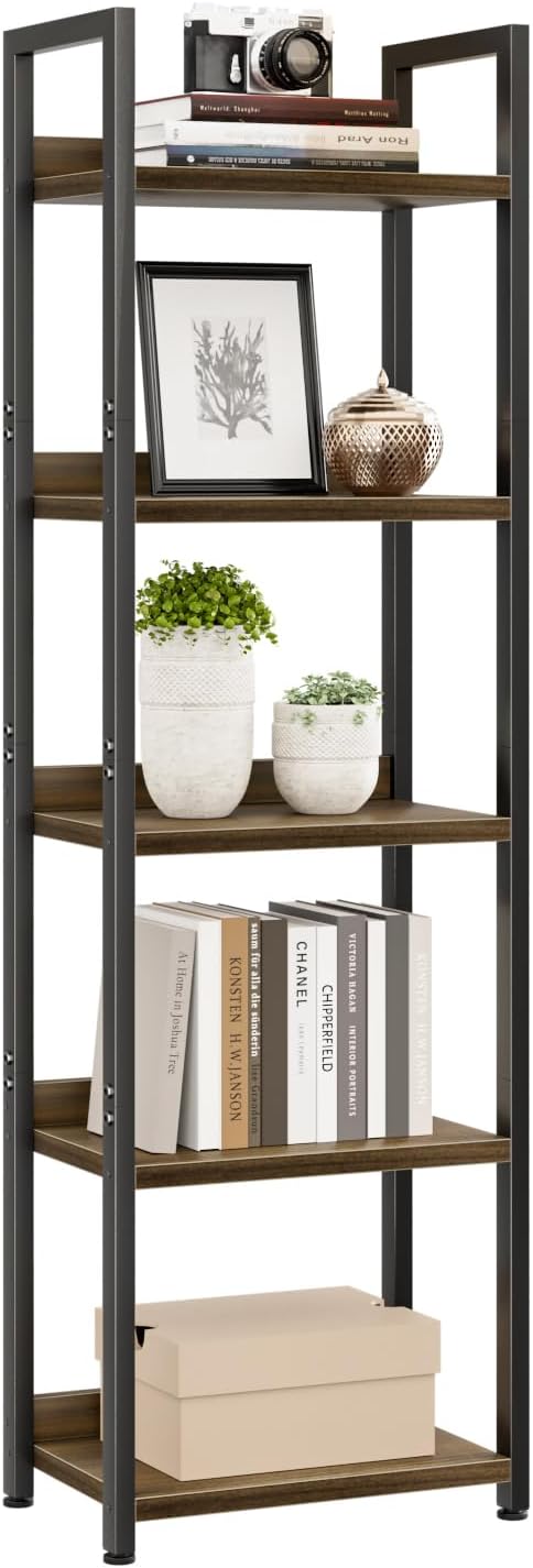 NUMENN Narrow Bookshelf, 5 Tier Bookshelves, Home Office Bookcase Shelf Storage Organizer, Free Standing Storage Shelving Unit for Bedroom, Living Room and Home Office, Dark Walnut
