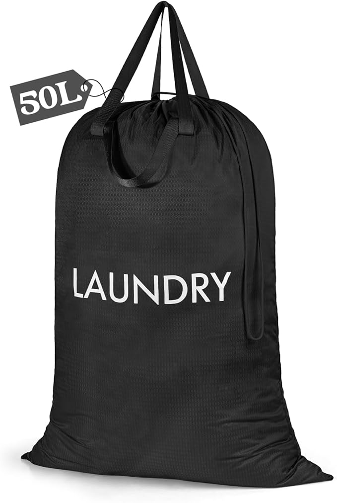 Heavy Duty Laundry Bag, Washable Nylon, Splash-Resistant Dirty Clothes Storage Bag with Drawstring & Handles丨Lightweight, Foldable & Space-Saving for College Dorm, Camping, Trips, Suitcase, 50L