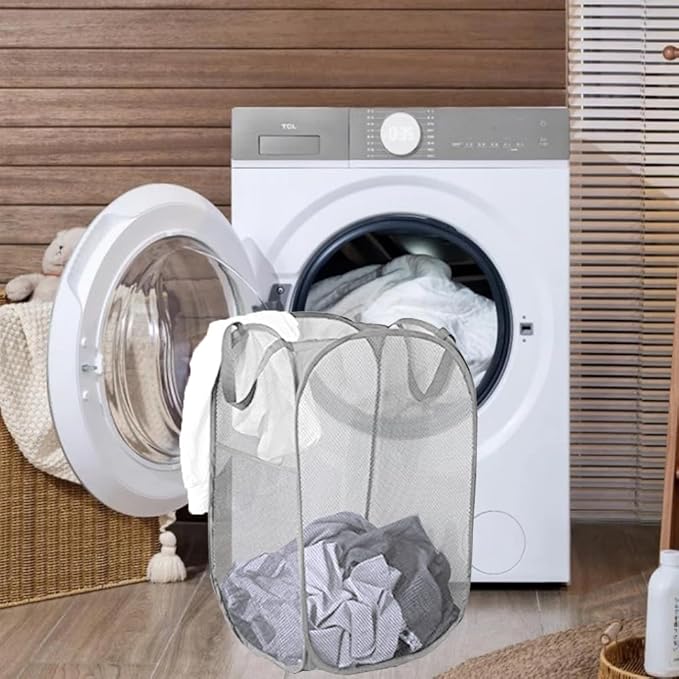 2 Pack Mesh Laundry Hampers, Pop Up Laundry Baskets, Collapsible Clothes Storage Bins for Bedroom, Dormitory, Apartment, Grey+ Navy Blue