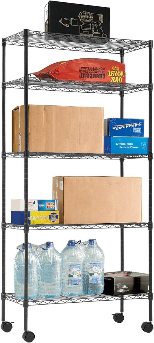 BestOffice 14"x30"x60" Commercial Storage Shelves Heavy Duty Shelving 5 Tier Layer Wire Shelving Unit with Wheels Metal Wire Shelf Standing Garage Shelves Storage Rack,Adjustable NSF Certified(Black)
