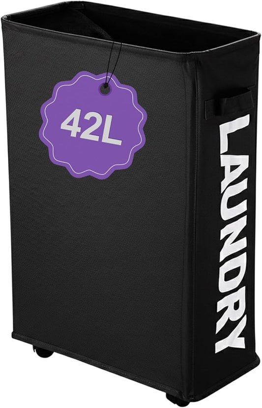 Black Rolling Laundry Hamper, Slim Laundry Basket with Wheels for Small Spaces, 42L Tall Narrow Dirty Clothes Hamper, Collapsible Laundry Bin for Bedroom Dorm Laundry Room