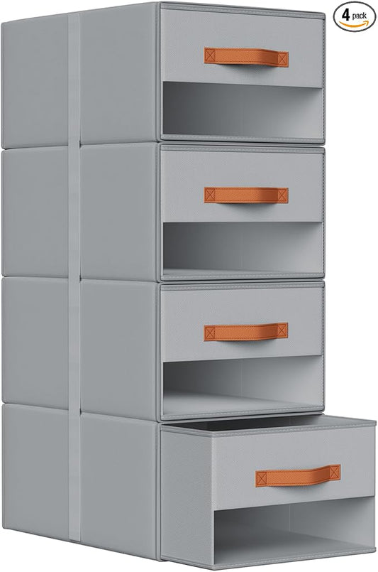 DIMJ Closet Organizers and Storage - Fabric Bins with Drawers for Closet Clothes Organizers with Clear Window, Stackable Storage Drawers Units for Bedroom, Living Room, 4 Pack, Grey