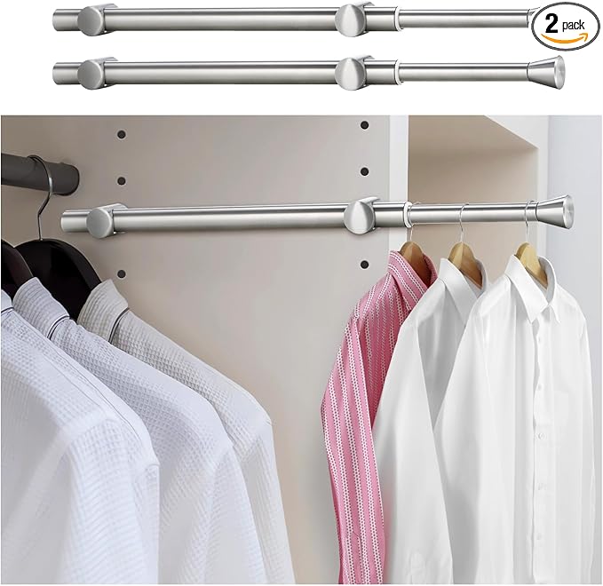 12" Valet Rod for Closet Pull Out, 2Pcs Adjustable Expandable Stainless Steel Valet Rod, Heavy Duty Slide-Out Closet Rod for Hanging Clothes, Suits & Freshly Pressed Items, Silver