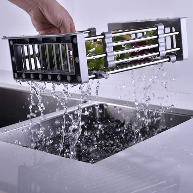 ASEANAO Stainless Steel Kitchen Drying Rack, Retractable Drain Basket with Adjustable Armrest, Over The Sink Dish Drying Rack (Small)