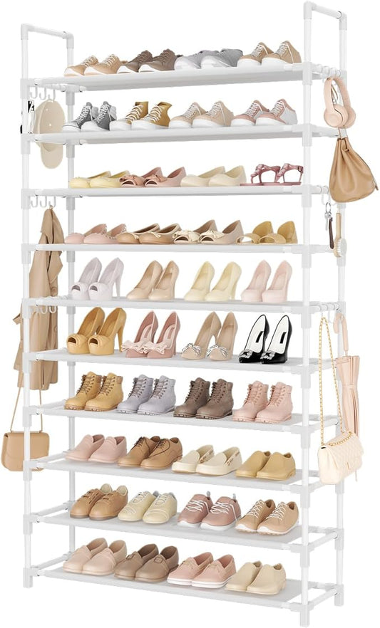LANTEFUL Tall Shoe Rack 10 Tier Shoe Organizer Large Shoe Shelf with 18 Hooks Storage for 50 Pair Sneaker and Boot, Stackable Vertical Shoe Rack Organizer for Closet, Entryway, Bedroom, White