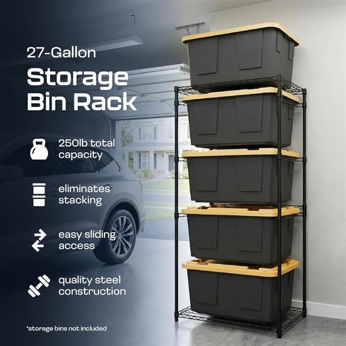 MonsterRAX 5-Tier Side-Load Heavy Duty Garage Slide Bin Storage Rack for 27-Gallon Totes. Industrial metal organization, 250lb capacity, NSF Certified. (Bins not included) (Black) (Black)