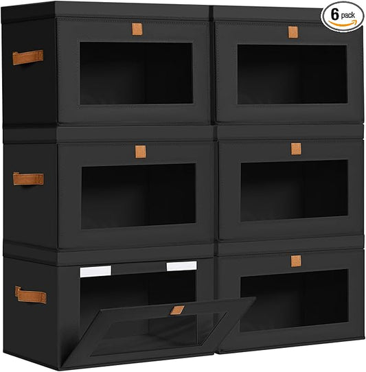DIMJ Storage Bins with Lids - 6 Pack Large Fabric Closet Organizer with Window & Handles, Collapsible Decorative Storage Boxes for Shelves Under Bed, Books Clothes Blankets Sweaters Organization