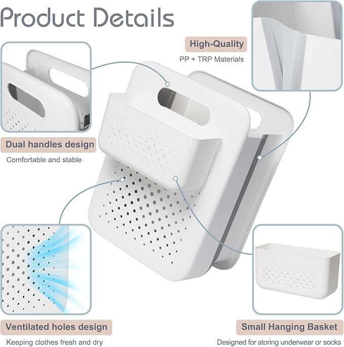 Goderewild Small Collapsible Laundry Basket, Space-Saving Wall-Mounted Hamper with Detachable Mini-Basket, Portable Hanging Organizer for Clothes, Underwear Socks. (White)