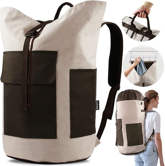Laundry Backpack Bag 125L Extra Large, Heavy Duty for College Dorm & Apartment, Durable Thick Material Laundry Hamper with Padded Straps for Easy Carry, 3 Pockets for Travel & Laundromat (Khaki)