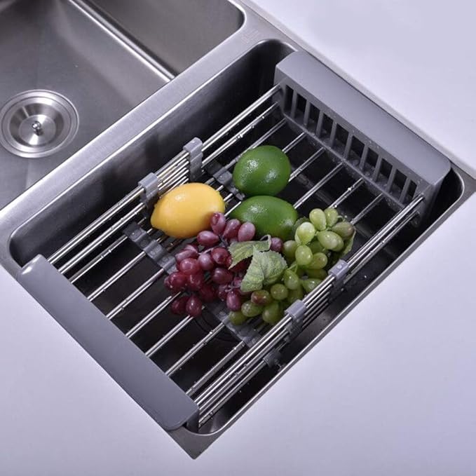 ASEANAO Stainless Steel Kitchen Drying Rack, Retractable Drain Basket with Adjustable Armrest, Over The Sink Dish Drying Rack (Small)