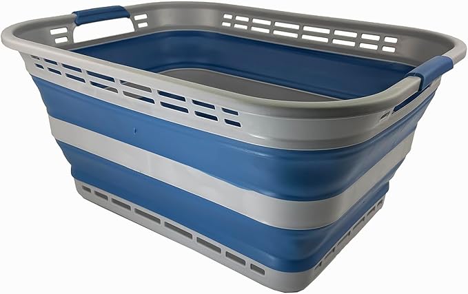 SAMMART 42L (11 gallons) Collapsible Plastic Laundry Basket - Portable Pop Up Storage Container/Organizer - Portable Hamper - Space Saving Easy Storage (Grey/Mist Blue)