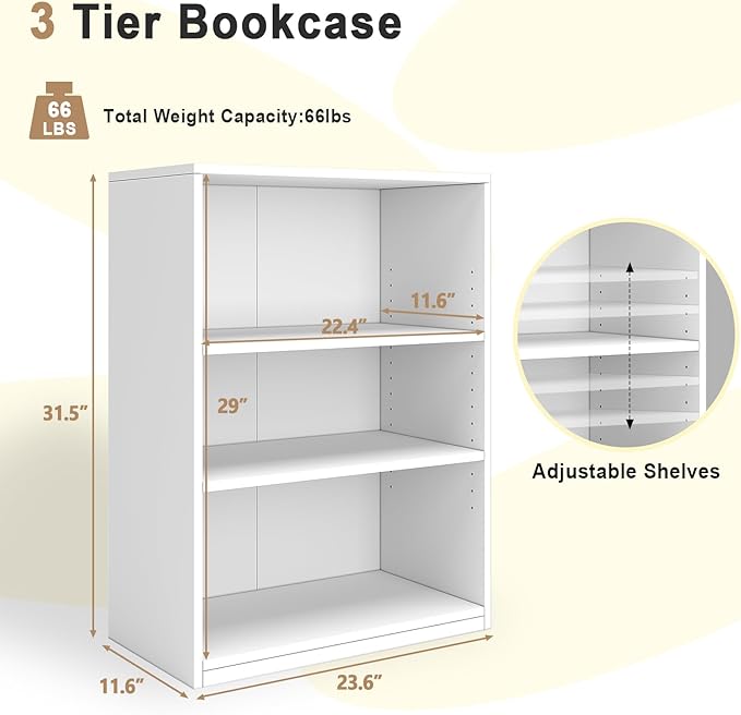 CTESNE【2026 Adjustable Shelves 3-Tier Bookcase, 71 inches, Wooden Open Display Floor Bookshelf (White)