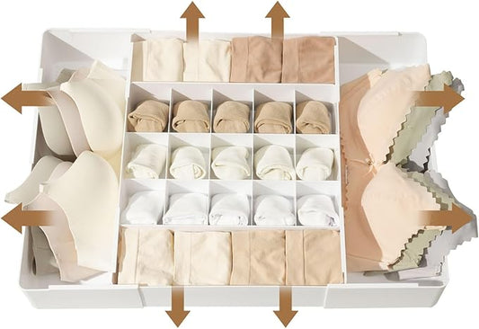 Adjustable Drawer Organizer – 19-Grid Divider for Socks, Bras & Panties, Closet Storage Box for Underwear & Dresser Drawers (15+4)