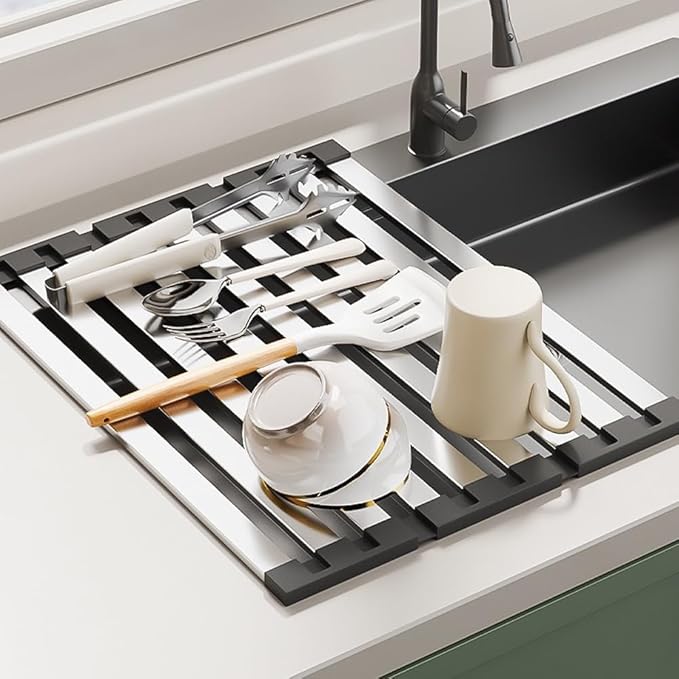 Stainless Steel Roll up Dish Drying Rack, Over Sink Foldable Kitchen Mat, 45cm x 32.5cm Rollable Sink Drainer, Space-Saving Design