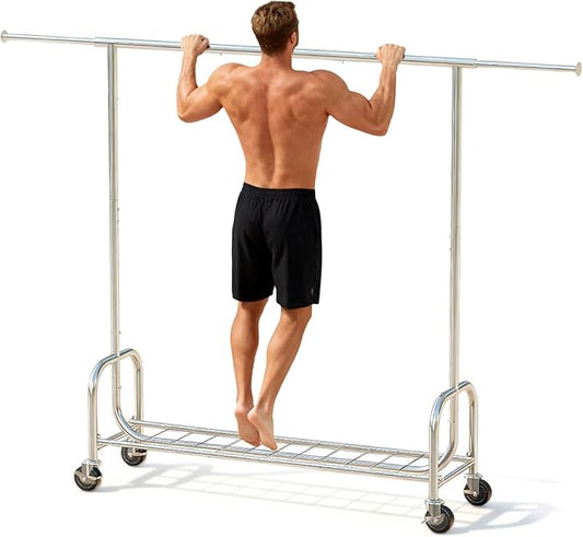 Clothing Garment Rack Capacity 530LBS Rolling Clothes Rack on Wheels - Heavy Duty Commercial Storage Organizer - Portable Hanging Garment Rack For Clothes